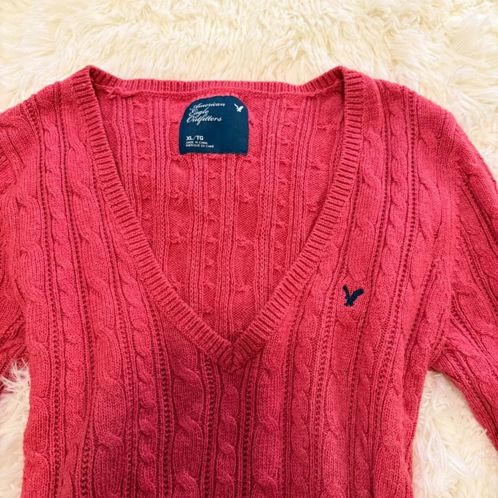 American Eagle Pink Cable Knit V-Neck Sweater Womens XL Y2K Preppy Vibe
